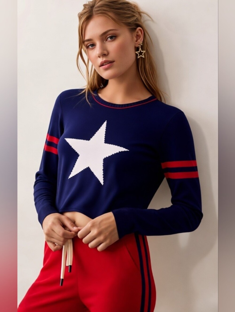 Tommy Hilfiger Dark Blue Cropped Sweater with White Star and Red Stripes
